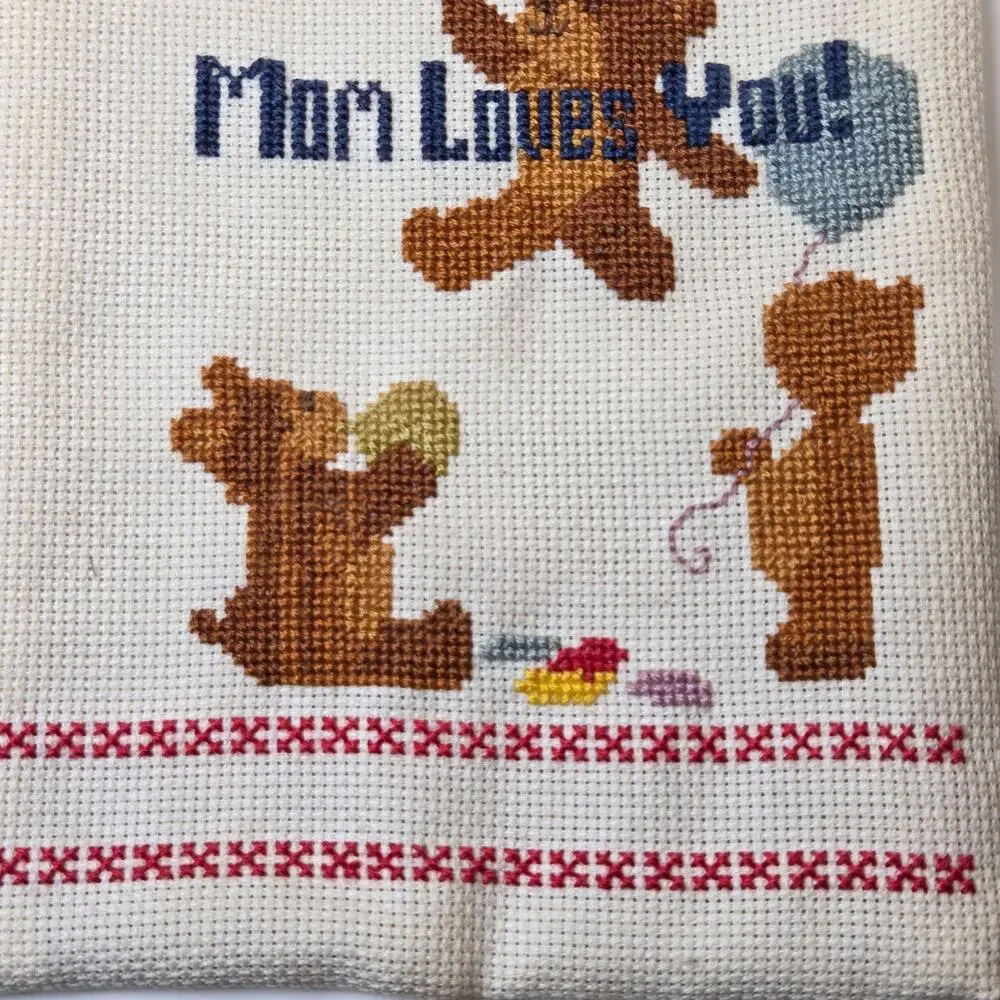 Vintage Teddy Bear Needlepoint Wall Hanging Bell Mom Loves You Nursery Decor